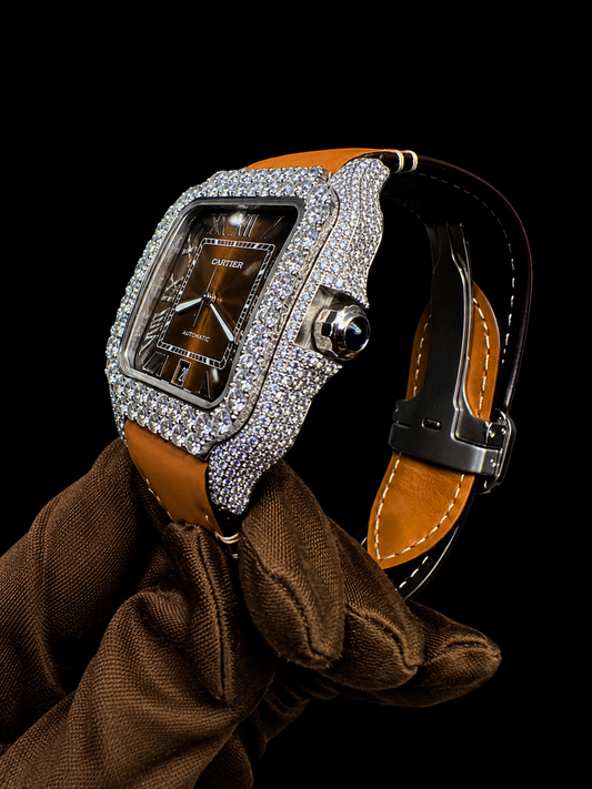 NEW 5TCW Natural Diamond Cartier Santos Large 40mm Pave Roman Orange Dial Men's Watch