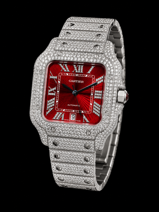 CARTIER SANTOS 35.1MM WSSA0029 DIAMOND PAVED ROMAN DIAL DIAMOND BEZEL STAINLESS STEEL FULL DIAMOND WATCH
