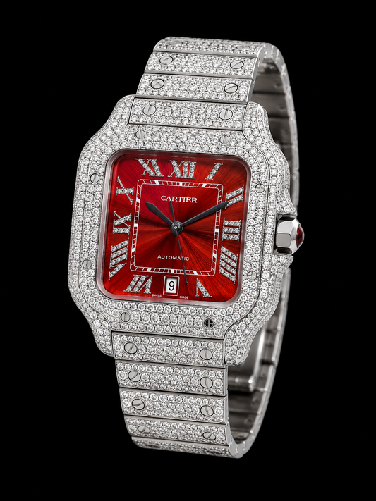CARTIER SANTOS 35.1MM WSSA0029 DIAMOND PAVED ROMAN DIAL DIAMOND BEZEL STAINLESS STEEL FULL DIAMOND WATCH