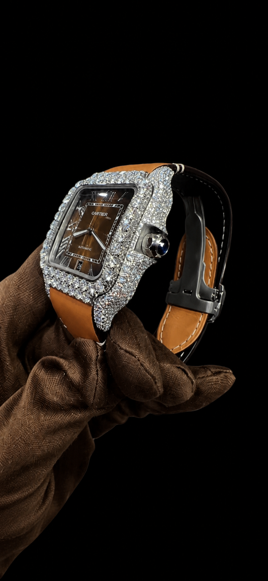 NEW 5TCW Natural Diamond Cartier Santos Large 40mm Pave Roman Orange Dial Men's Watch